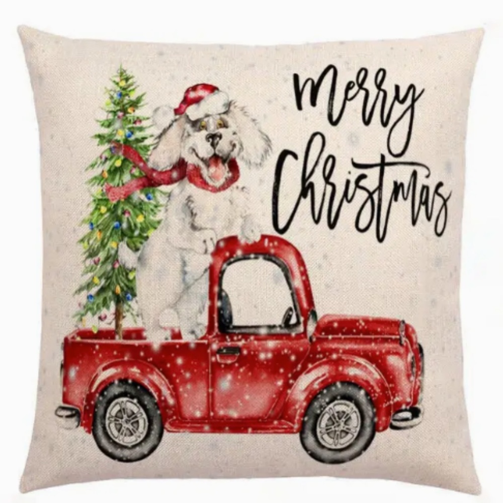 NEW MERRY CHRISTMAS VINTAGE RED TRUCK PUPPY DOG TREE LINEN PILLOW COVER 17.7"
